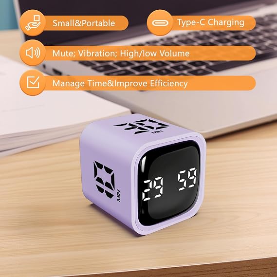 Cuteefun Rotating Cube Timer, Pomodoro Timer Desk, 5/10/30/60Min, Purple