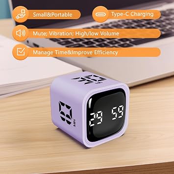 Cuteefun Rotating Cube Timer, Pomodoro Timer Desk, 5/10/30/60Min, Purple