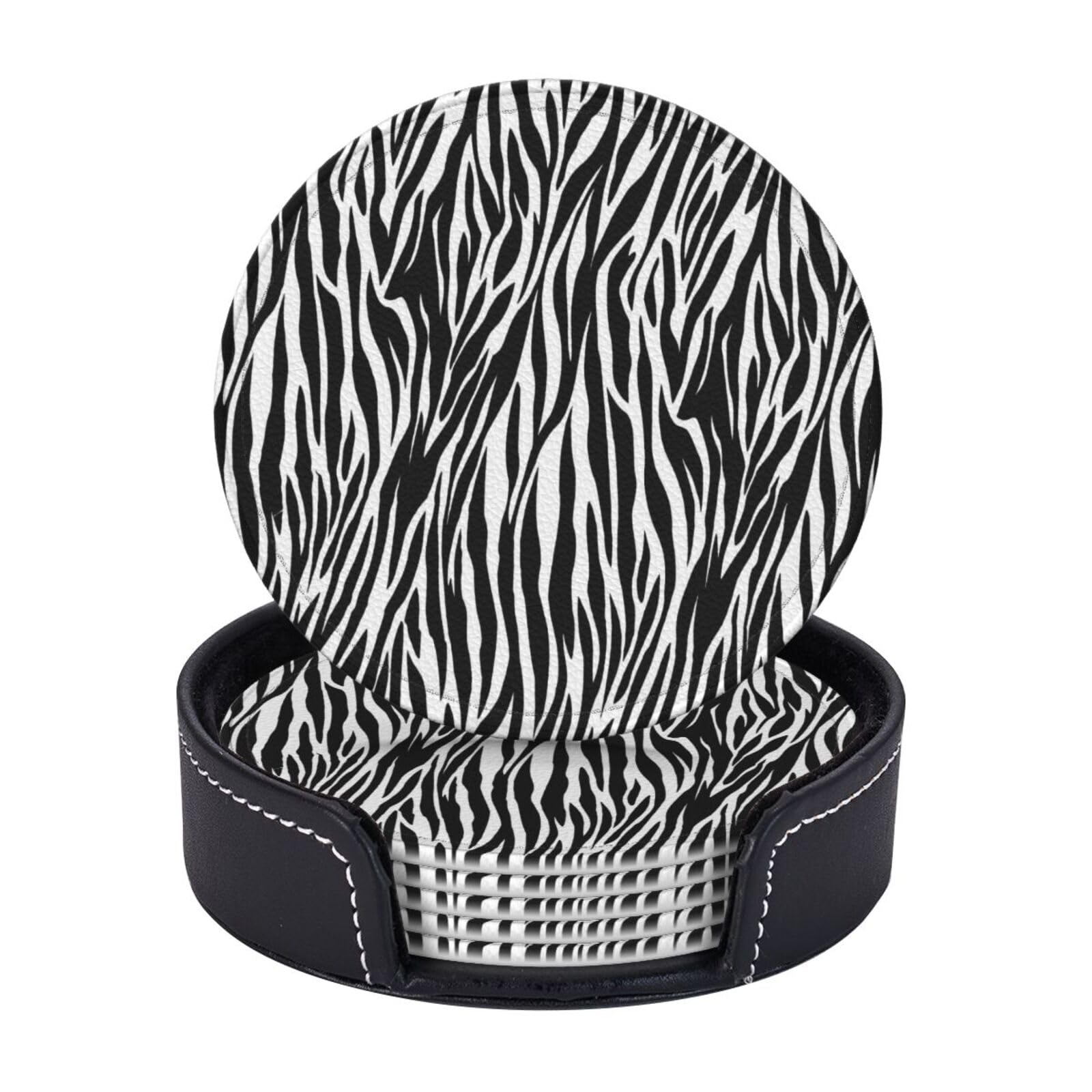 AUGUSTRUSH Round PU Leather Coasters Set of 6, Zebra Print coaster with Storage Box, Heat-Resistant Non-Slip Drink Pads for Kitchen Desk Office Dining Table