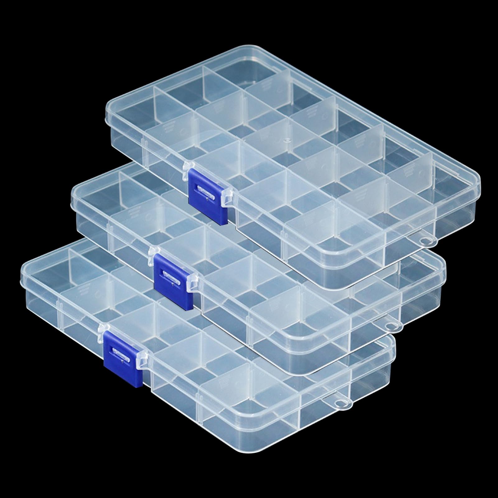 Honoflux 3 Pcs Small Organiser Box with Adjustable Dividers, Clear Plastic Jewellery Storage Container for Beads & Small Items