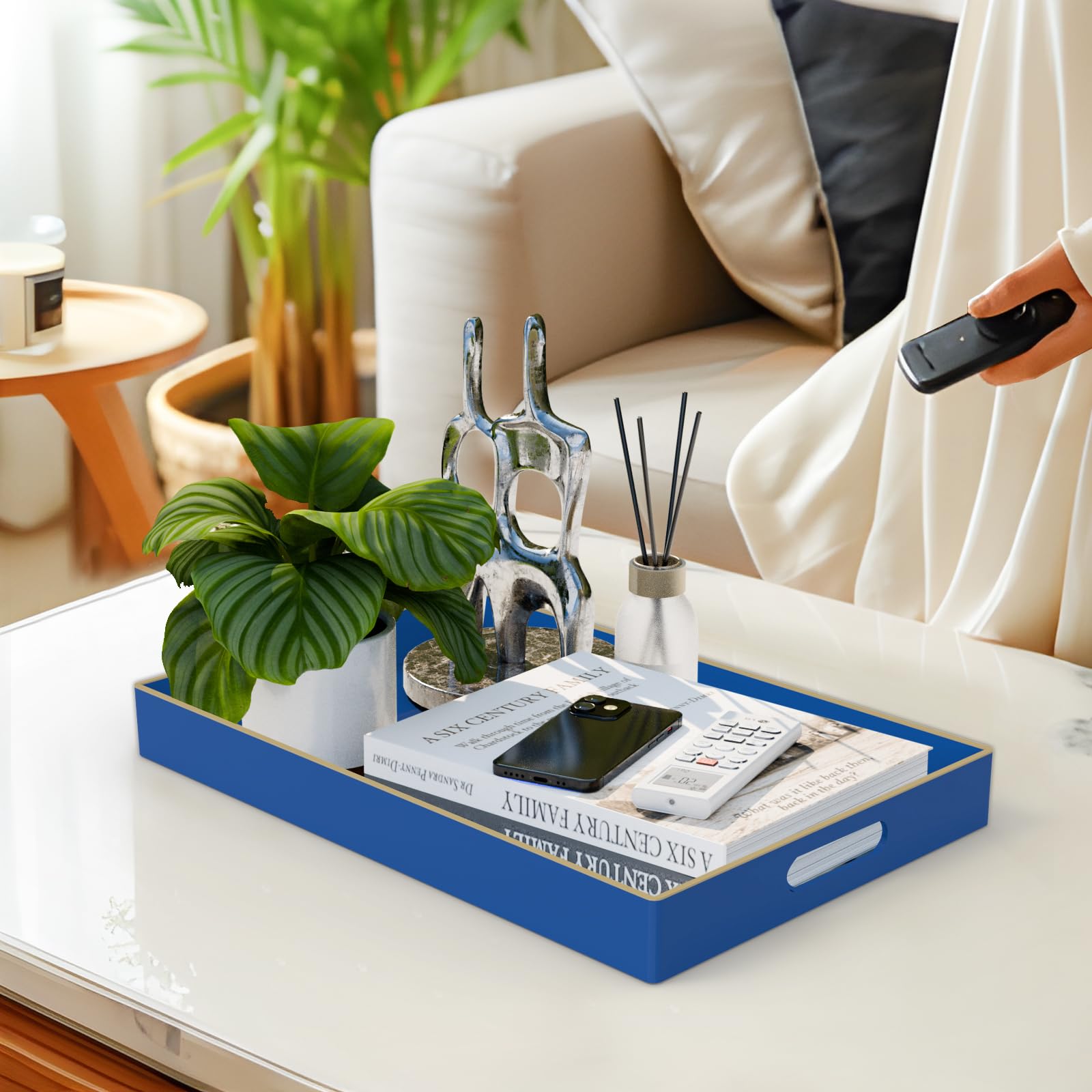 Gifturbo Plateau De Service En Marbre Blanc Avec Poignées, Table Basse Rectangulaire Ottomane, Plateau Décoratif En Plastique, Bord Doré Pour Salon, Salle De Bain, Décoration, 40 X 26 X 3 Cm