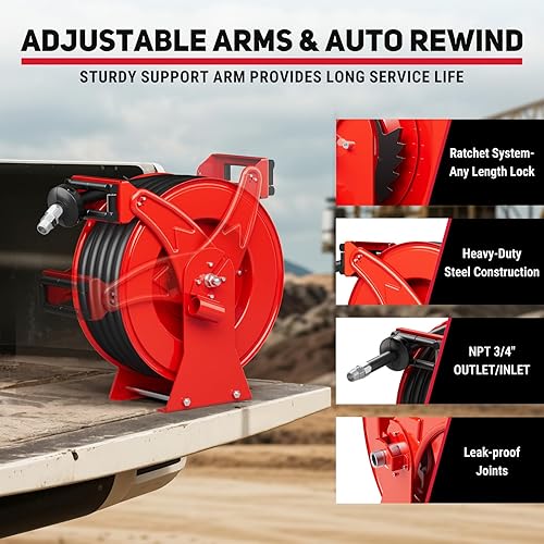 Miniatura 5 de Carrete de manguera de combustible con boquilla de combustible, carrete de manguera diésel retráctil extra largo de 34 pulgadas x 50 pies, carrete