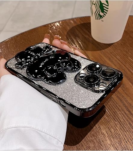 Miniatura 3 de Spevert Funda de lujo con purpurina para iPhone 15 Pro con bonito soporte de conejo, funda con diamantes con purpurina y protección completa del
