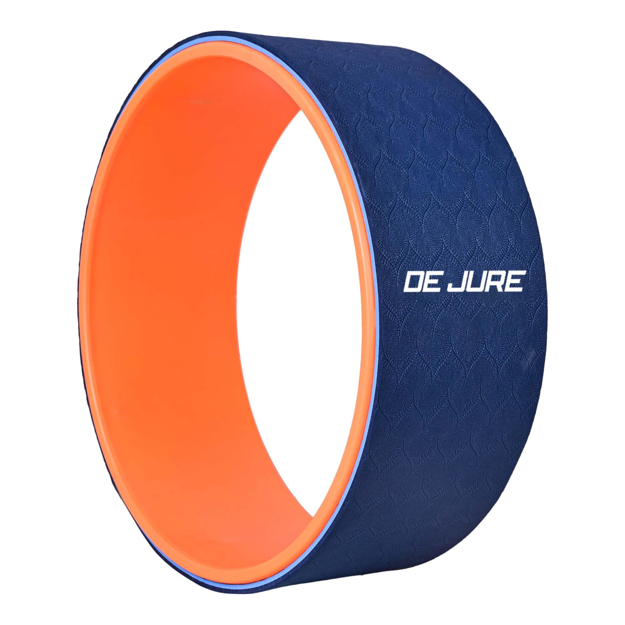 De Jure 13-Inch Yoga Wheel for Back Pain Relief, Stretching & Flexibility | Durable Yoga Prop with Soft Foam Padding for Backbends, Massage, and Exercise - Ideal for All Skill Levels - Orange & Navy Blue