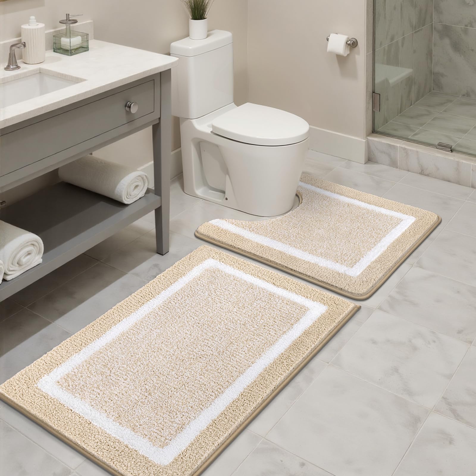 SHACOS Microfiber Bath Mat Set, Bathroom Mat Fluffy Shaggy Soft, Non-Slip Bathroom Rug, Super Absorbent Quick Drying, Machine Washable, 2 Piece with U-Shaped Toilet, Beige, 45x65cm+U50x60cm — image 1