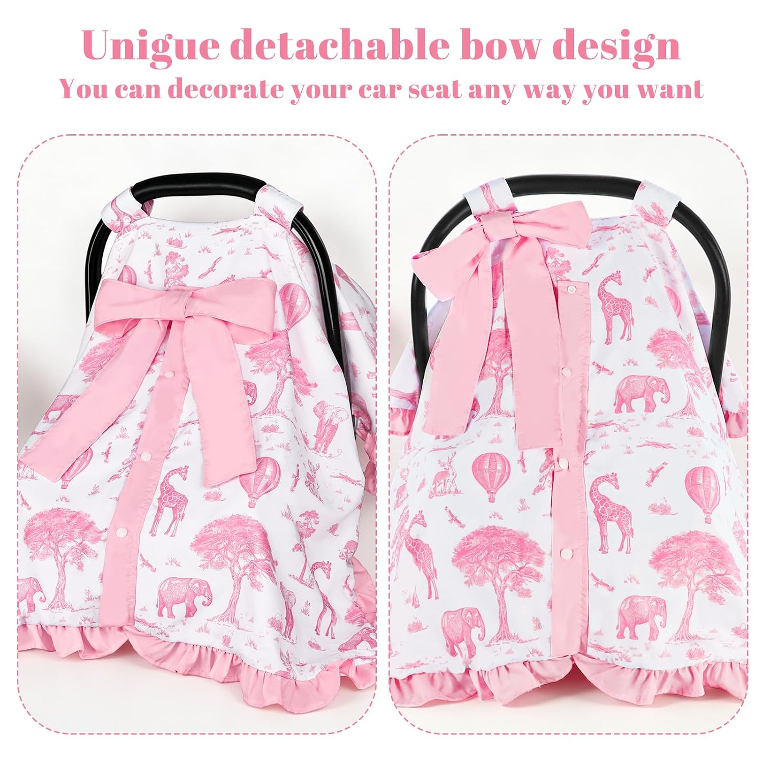 TANOFAR Ruffle Baby Girls Car seat Cover, Peekaboo Opening Car Seat Cover for Babies, Soft and Breathable Infant Carrier Canopy, Multi-use Baby Carrier, Pink Animal