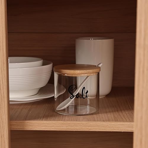 Miniatura 4 de Recipiente de sal de vidrio transparente con cuchara para servir y tapa de bambú, recipientes para encimera de cocina de granja, soporte dispensador