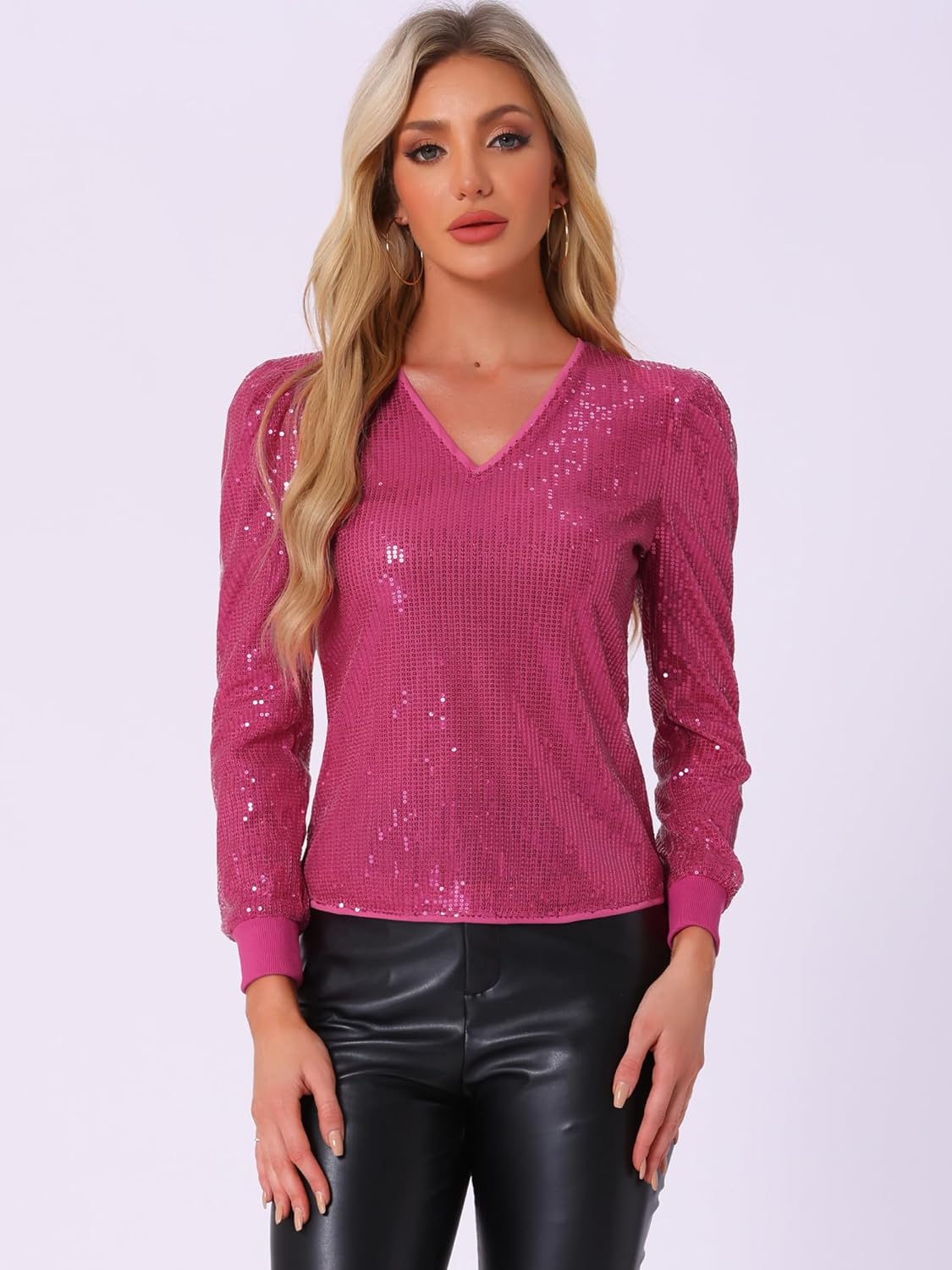 Allegra K Sparkly Sequin Top for Women's V Neck Party Metallic Blouse