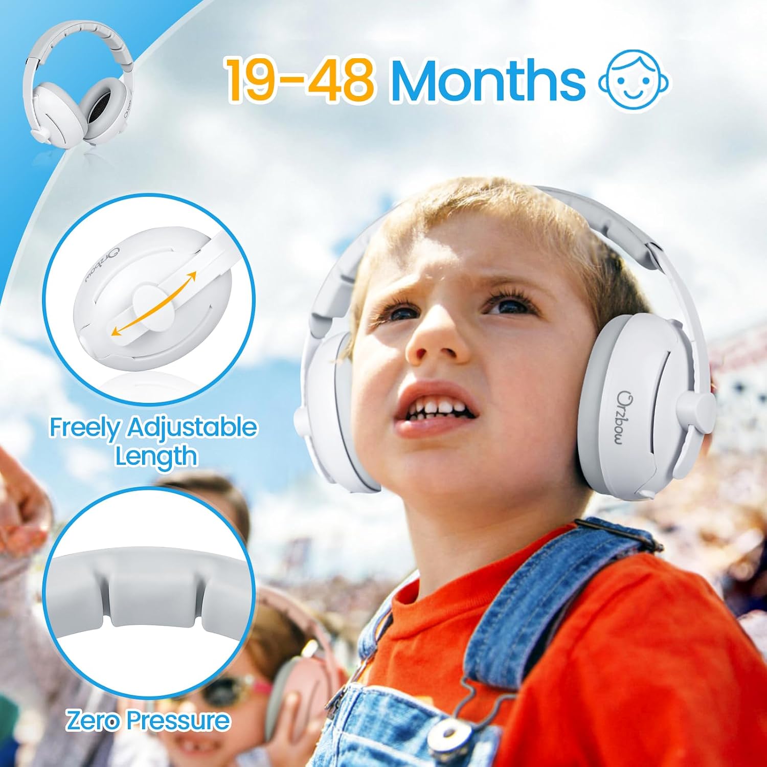Orzbow 2-in-1 Baby Ear Muffs Noise Protection, Noise Cancelling Headphones for Babies up to 48 Months, Adjustable Infant Ear Protection with Non-Slip Band for Airplane Travel Sleep, White