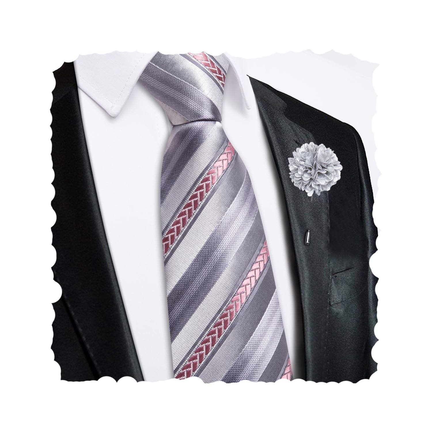 Hi-Tie Zipper Ties for Men Pre-tied Tie Set Lapel Pin Pocket Square and Cufflinks Formal Business Wedding Adjustable Necktie