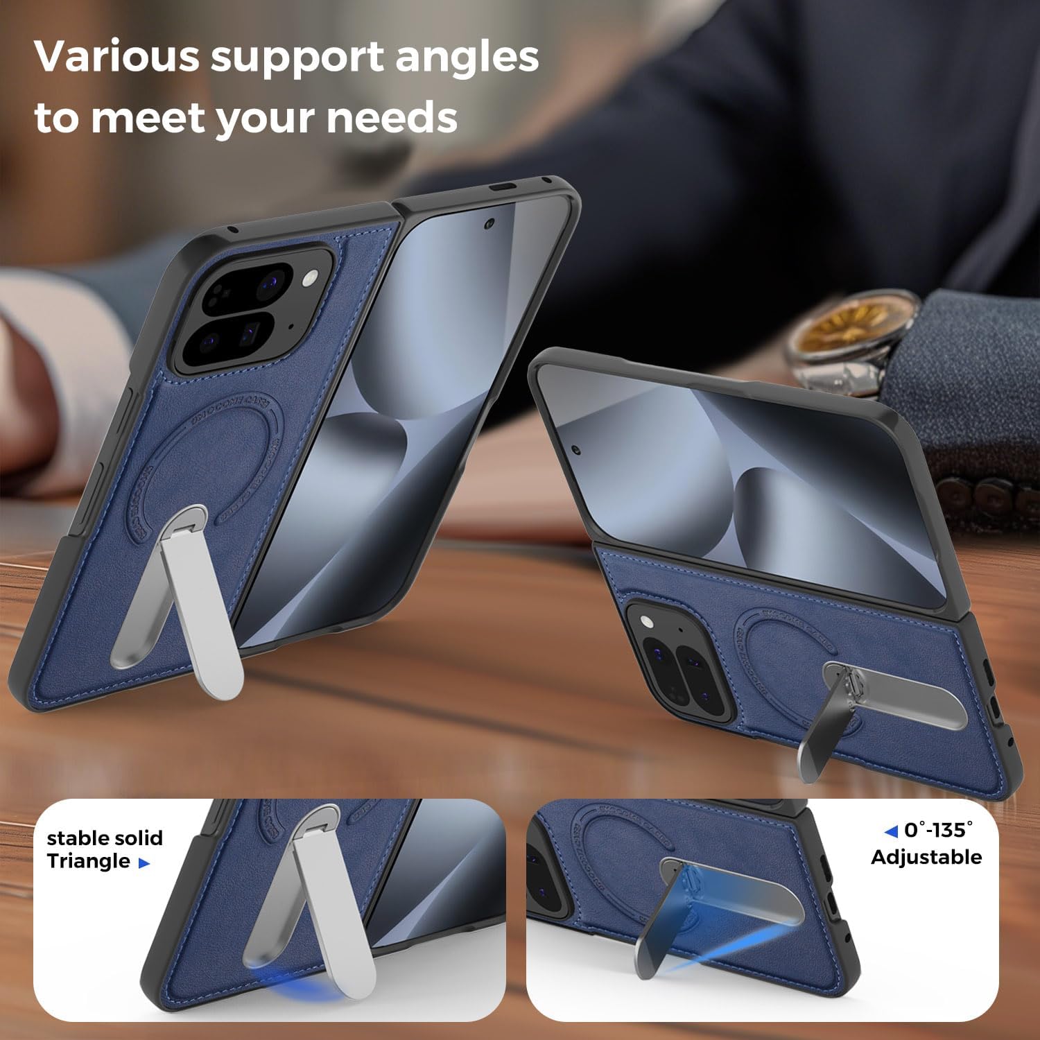 Magnetic for Google Pixel 9 Pro Fold Case with Invisible Metal Stand, [Compatible with Magsafe] Slim Luxury Leather Anti Slip Mil-Grade Drop Shockproof Protection Case, Blue