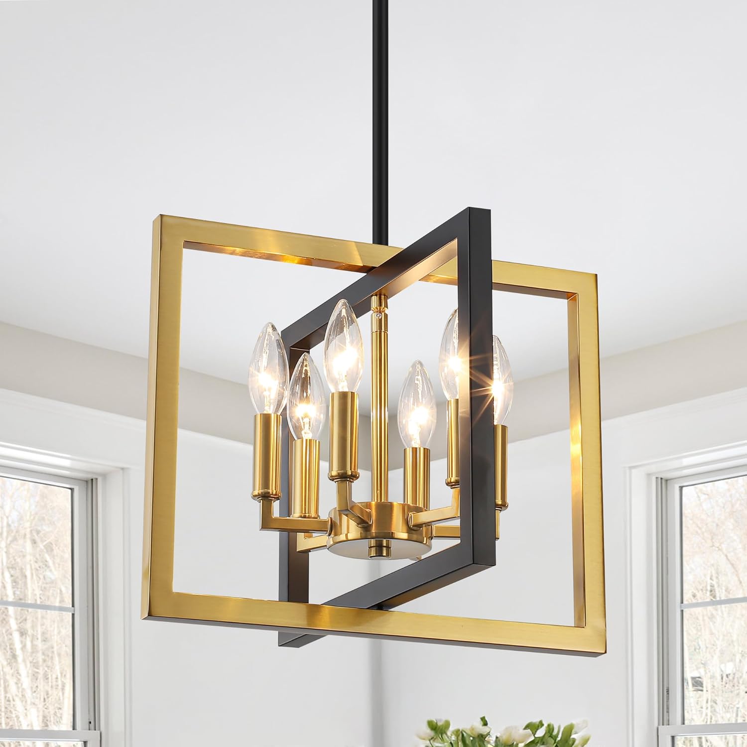 Small Black and Gold Chandelier, 6-Light Dining Room Pendant Light Fixture Geometric Metal Modern Industrial Chandelier Lighting for Farmhouse Entryway Living Room Kitchen Island Hallway Foyer