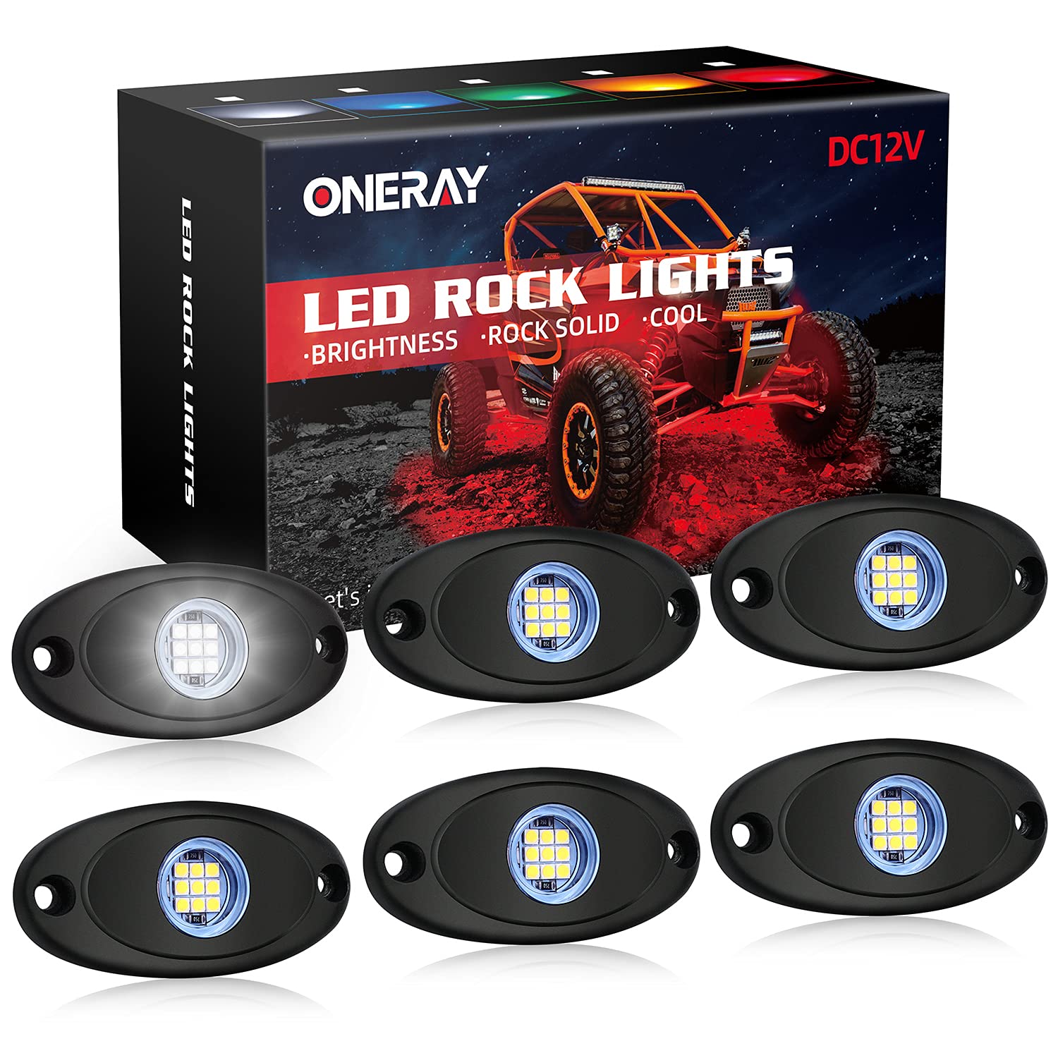 ONERAY LED Rock Lights 6 Pods LED Neon Lights Waterproof IP68 for Car Truck ATV SUV Offroad Boat Underbody Fender Lighting (White 6 pods)