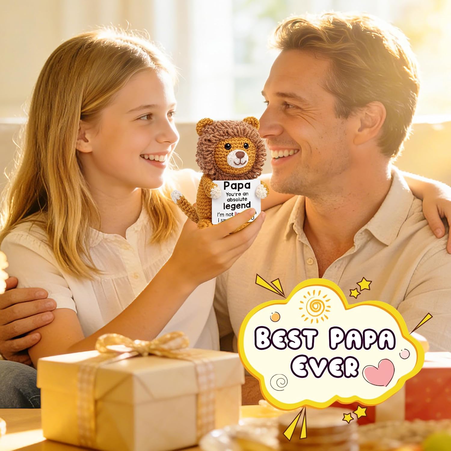 WELLBANEE Small Papa Birthday Lion Gifts for Grandpa | Dad Grandpa Gift from Grandkids, Best Grandfather Ever Gift, Handmade Crochet Lion Stuffed Animal Decor Present