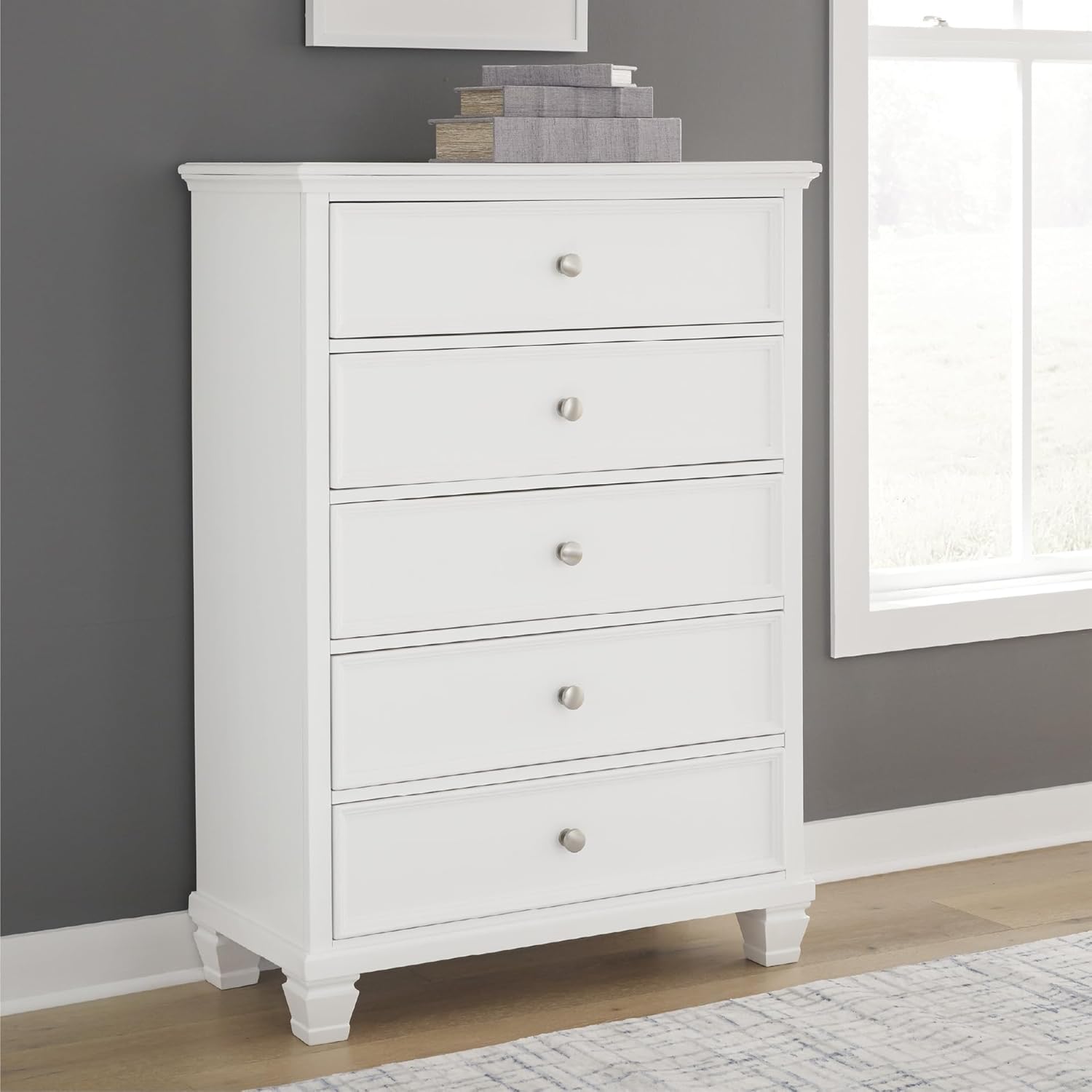 signature design by ashley fortman casual 5 drawer chest for bedroom, white white chest
