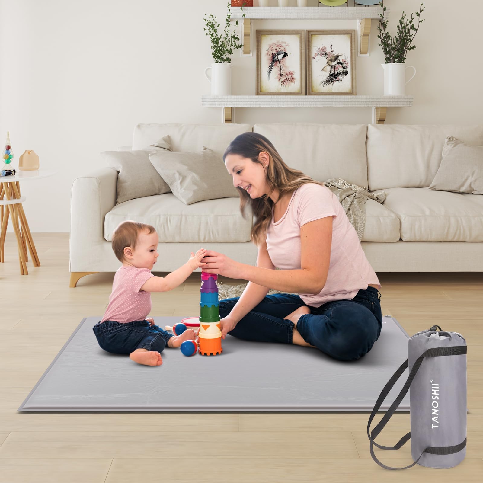 47x47 Play Mat for Playpen, 1.2 Inch Thick, Self-Inflating Play Mat for Babies and Toddlers, Roll Up & Waterproof Baby Play Mat, Portable Playmat for Babies with Travel Bag (47 * 47 Inch)