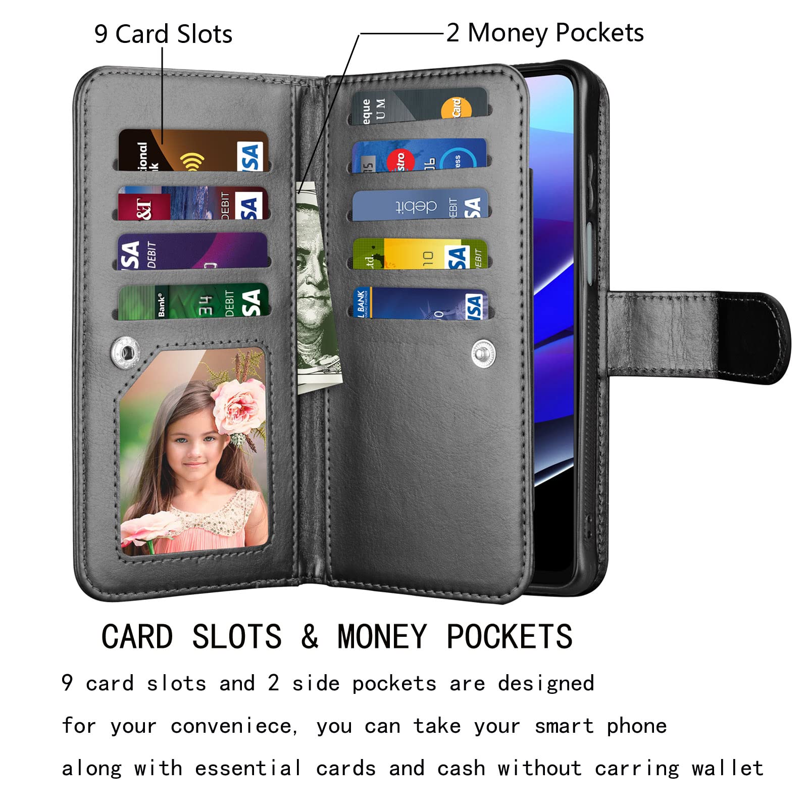 NJJEX Wallet Case for Motorola Moto G Stylus 2022 5G, for Moto G Stylus 2022 5G Case, [9 Card Slots] PU Leather Credit Holder Folio Flip [Detachable] Kickstand Magnetic Phone Cover & Lanyard [Black]