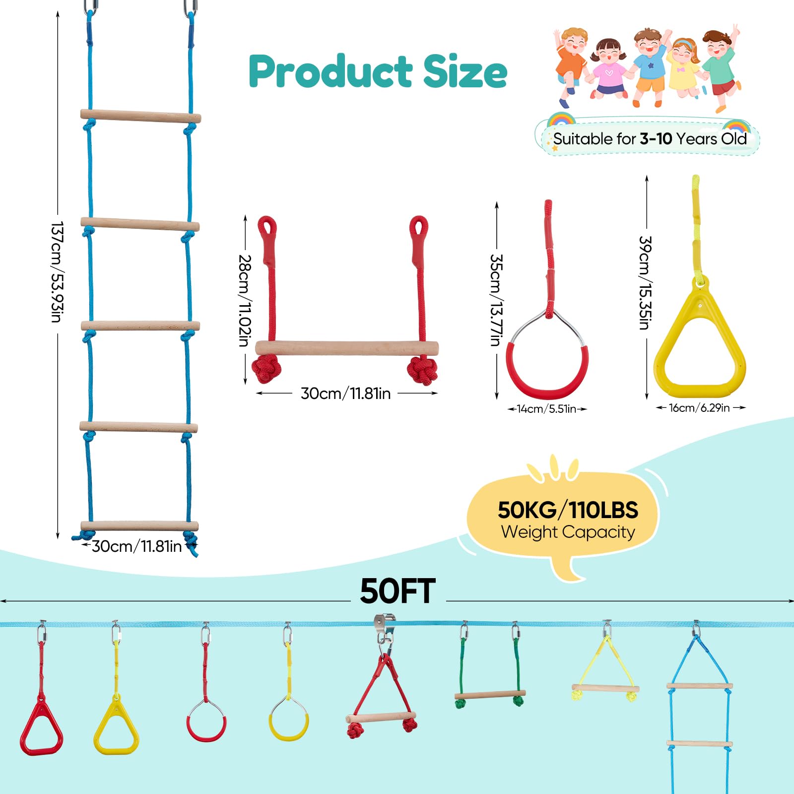 Set Slackline 8 in 1, ostacoli di arrampicata all'aperto con corda, aste per scimmie, anelli per arrampicata e scala, protezione per albero, borsa di stoccaggio, portata fino a 50 kg, per bambini 3-10