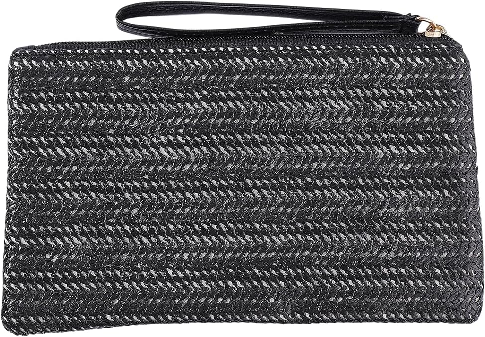 CREATCABIN Straw Woven Cosmetic Pouch Bohemian Beach Straw Purses Portable Storage Clutch Bags Makeup Organiser for Outdoor Camping Toiletry Vacation Travel Hawaii Handbags 5.31 × 8.66In Black