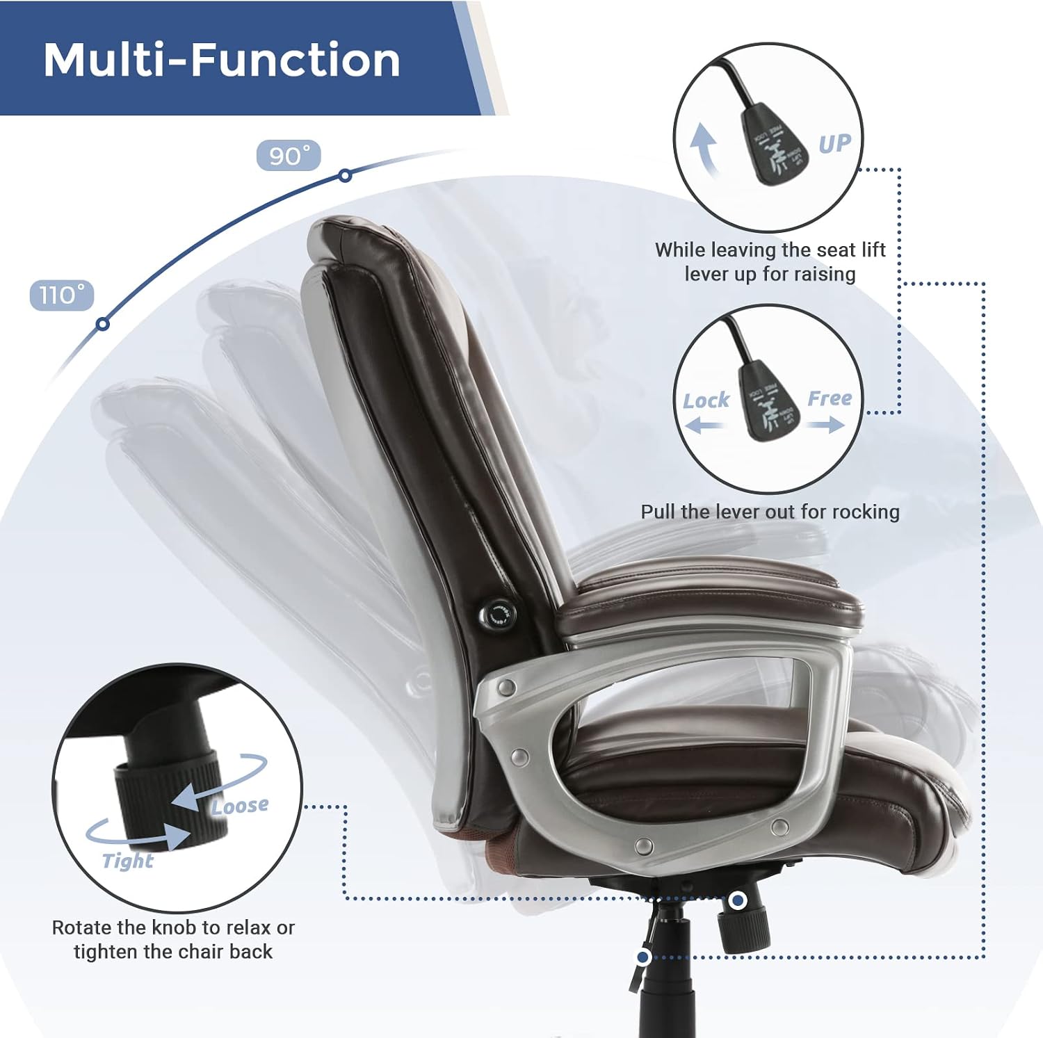 Executive Office Chair, Ergonomic Home Office Desk Chair Adjustable Managerial Chairs Rolling Swivel Task Chair Lumbar Support High Back PU Leather Chair with Arms and Wheels, Chocolate