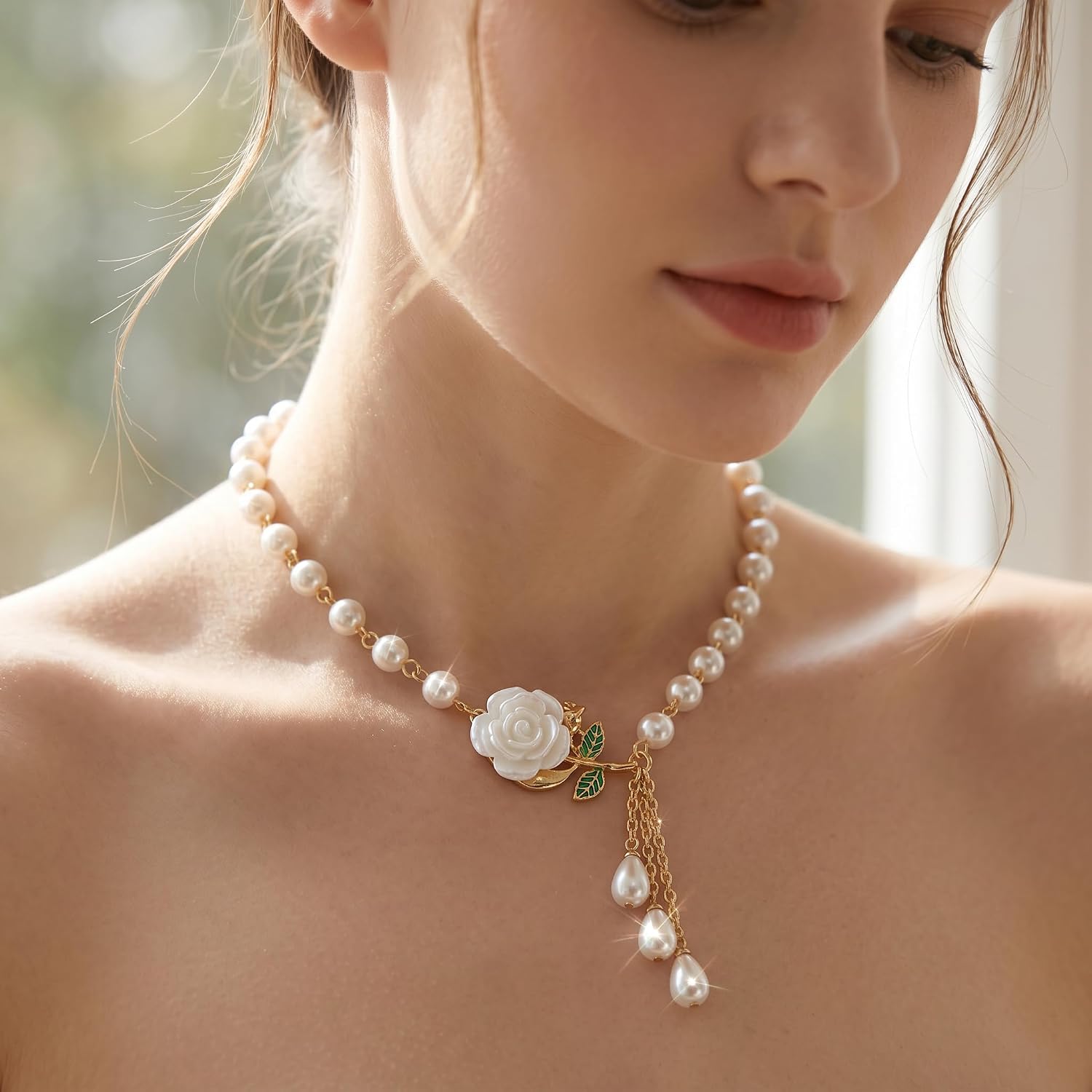 White Rose Pearl Necklace for Women, Gold Plated Floral Tassel Pendant Necklace, Elegant Jewelry Gift