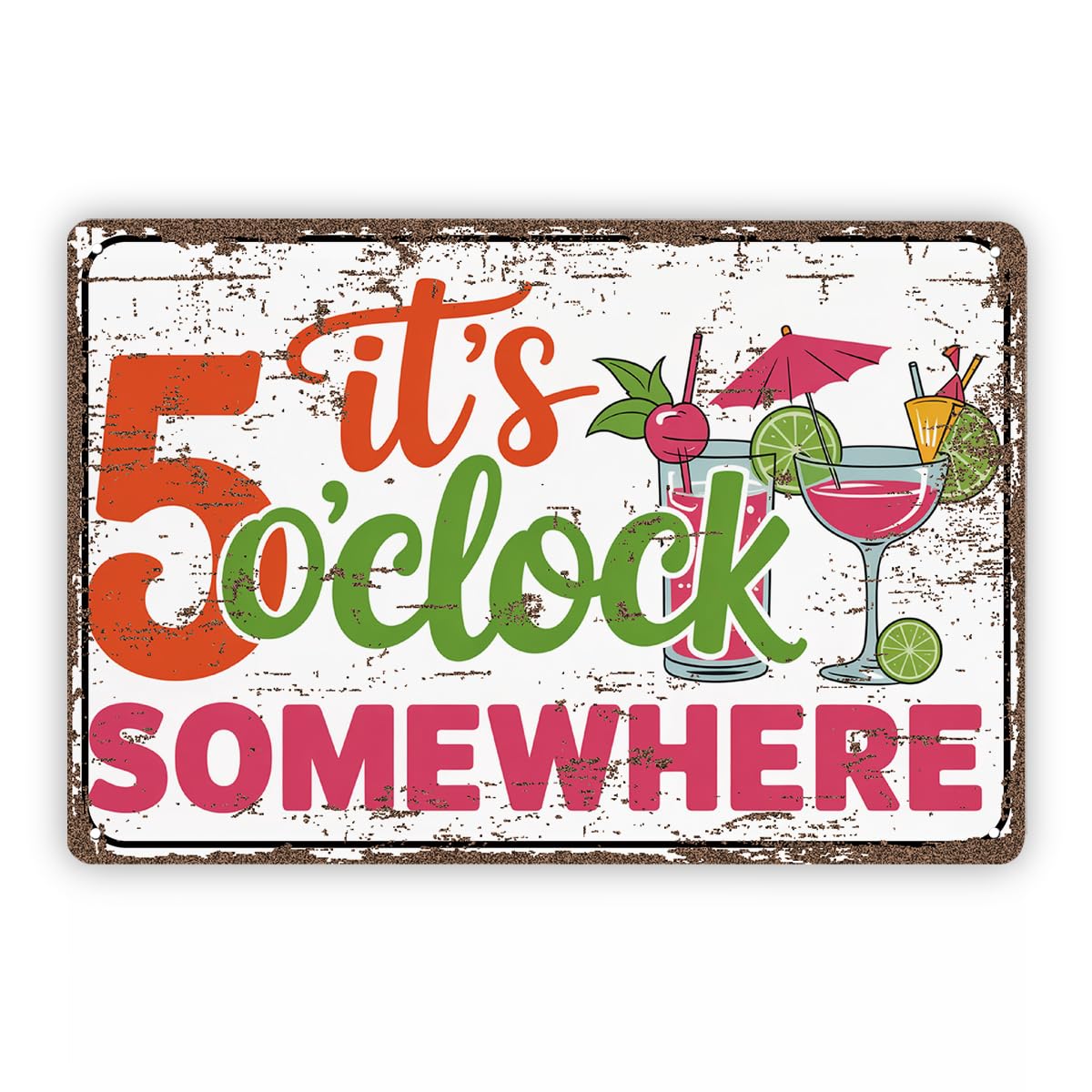 peiyeety Vintage Metal Tin Signs, Home Bar Decor, Kitchen Wall Decoration, Garage Wall Decoration, Garden Yard Decor, Housewarming Gift, It's 5 O'clock Somewhere Sign 8x12 Inch