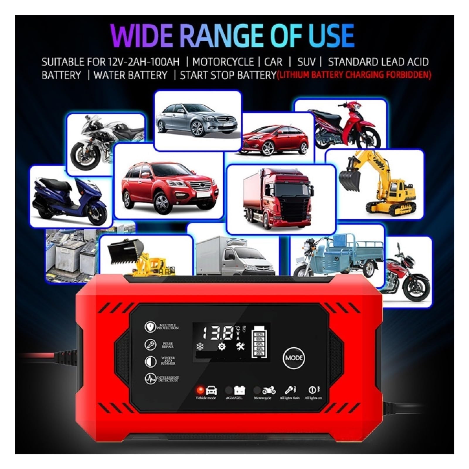 Cargador De Batería Coche 12V 6A Carga Rápida Inteligente Tipo Reparación Pulso Auto-Stop Modo Dual Ácido Plomo For Motocicleta Camión Potente Carga Rápida(Yellow)
