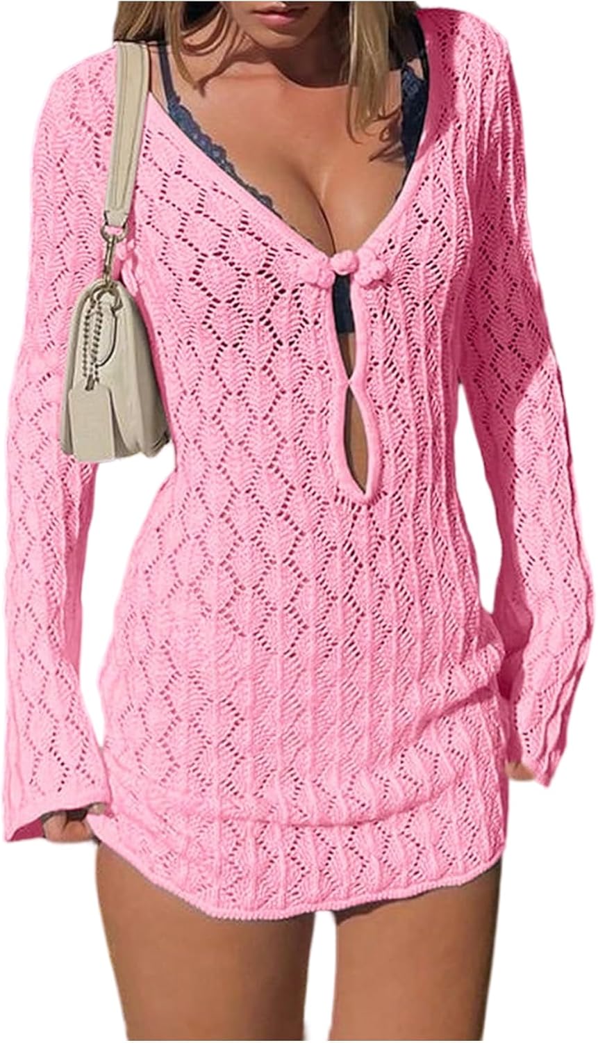 GORGLITTER Women's Crochet Bikini Cover Up Dress Cut Out Long Sleeve Beach Bathing Suit Swimsuit Outfits