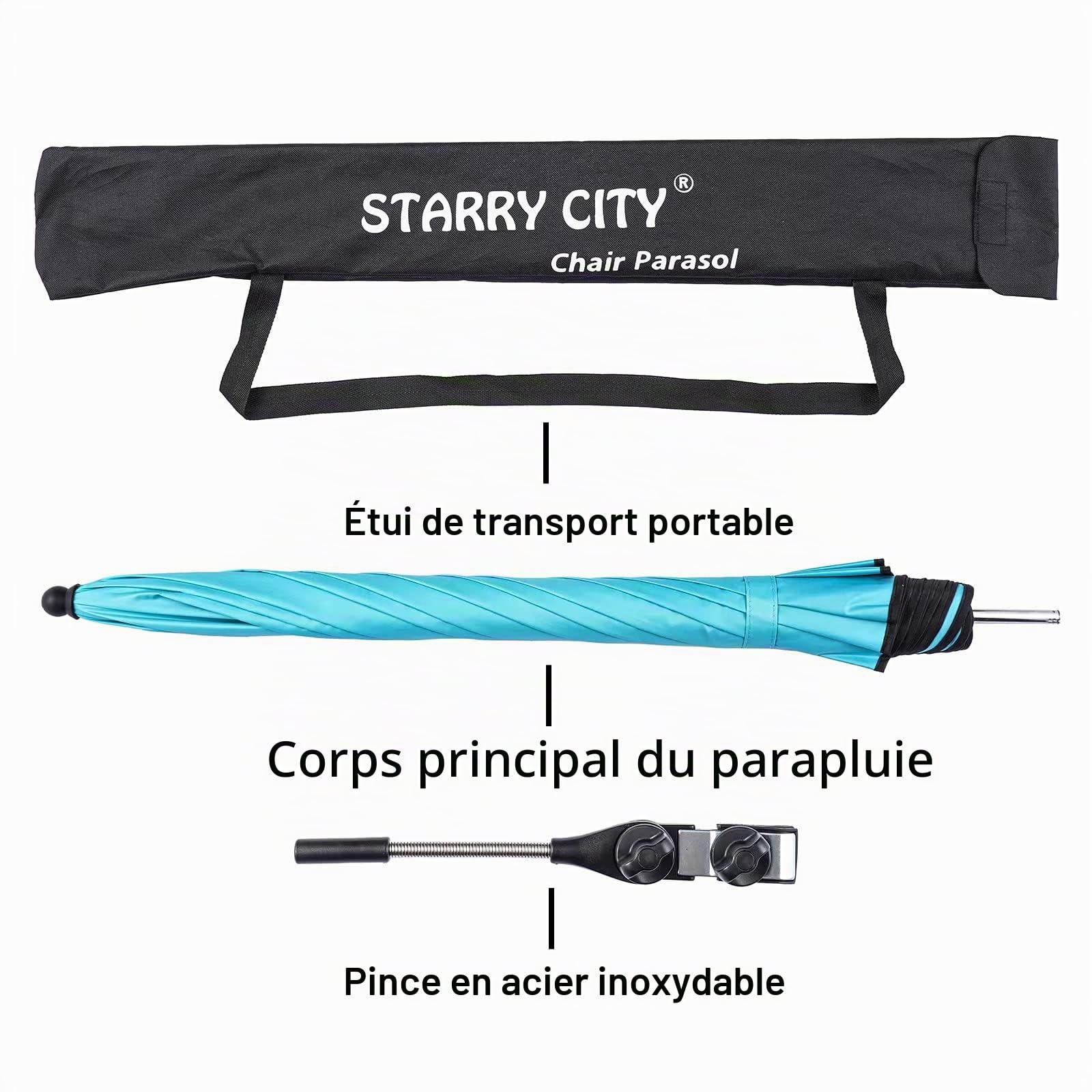 Parapluie de Chaise Avec Pinces Réglables,UPF 50 +,Parapluie Avec Clip Fixe,pour Terrasse, Plage, Chariot, Poussette, Fauteuil Roulant, Chariot de Golf (L-Bleu)