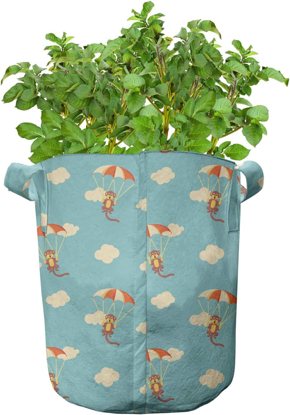 Ambesonne Monkey Grow Bags 5-Pack, Parachute Fly Clouds Sky, Heavyduty Fabric Pots with Handles for Plants, Eggshell and Burnt Sienna