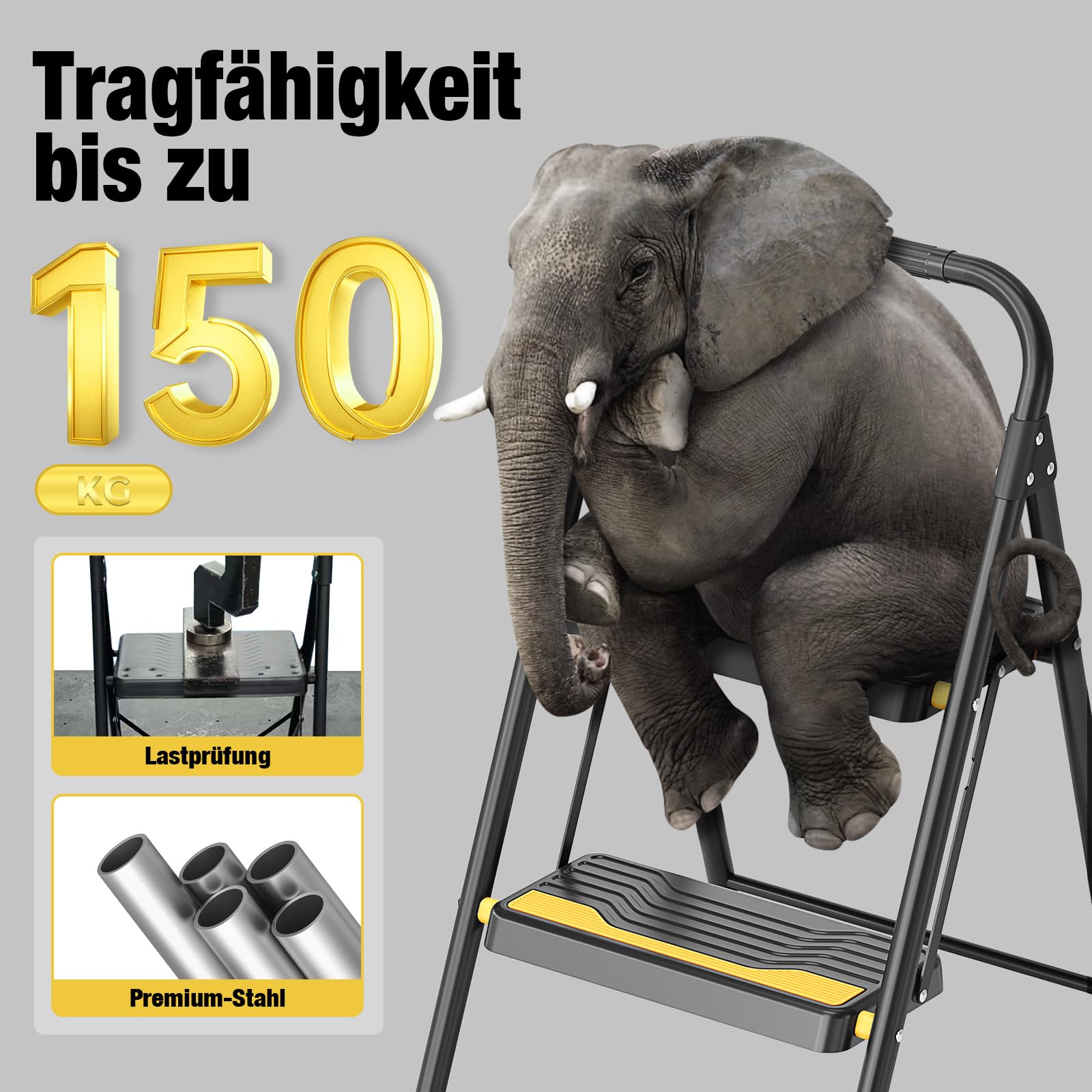 Urackify Trittleiter 2 Stufen Klappbar Leiter, Hochbelastbar bis 150 kg, Tritt Breite Rutschfeste Stufen, Handlauf, Kompakte Haushaltsleiter Stehleiter für Haushalt Küche, Büro, Vorratskammer, Schwarz