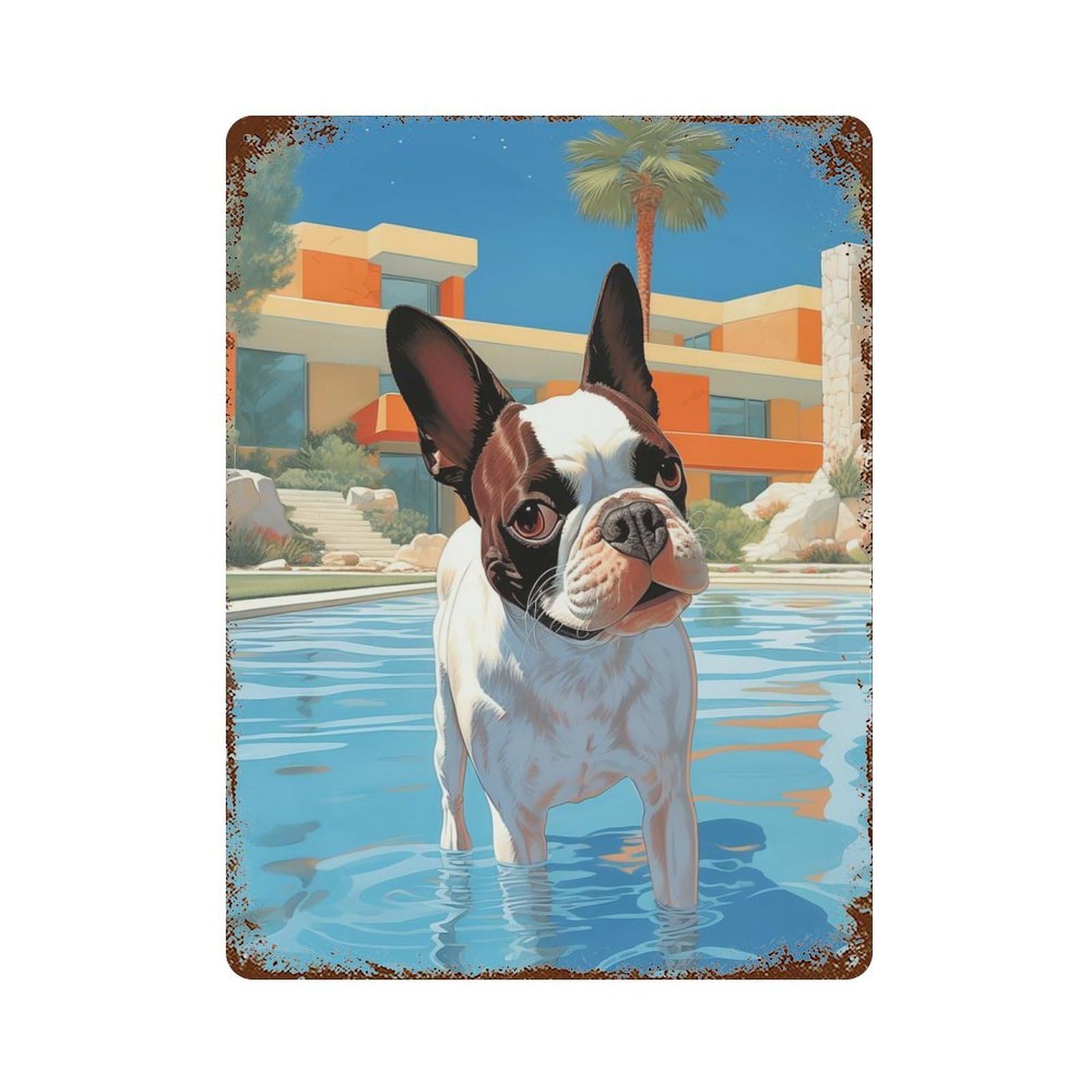 Hollywood Boston Terrier Rust Effect Tin Sign 15.7"x11.8", Retro Wall Decor for Pub, Kitchen And Man Cave Decor
