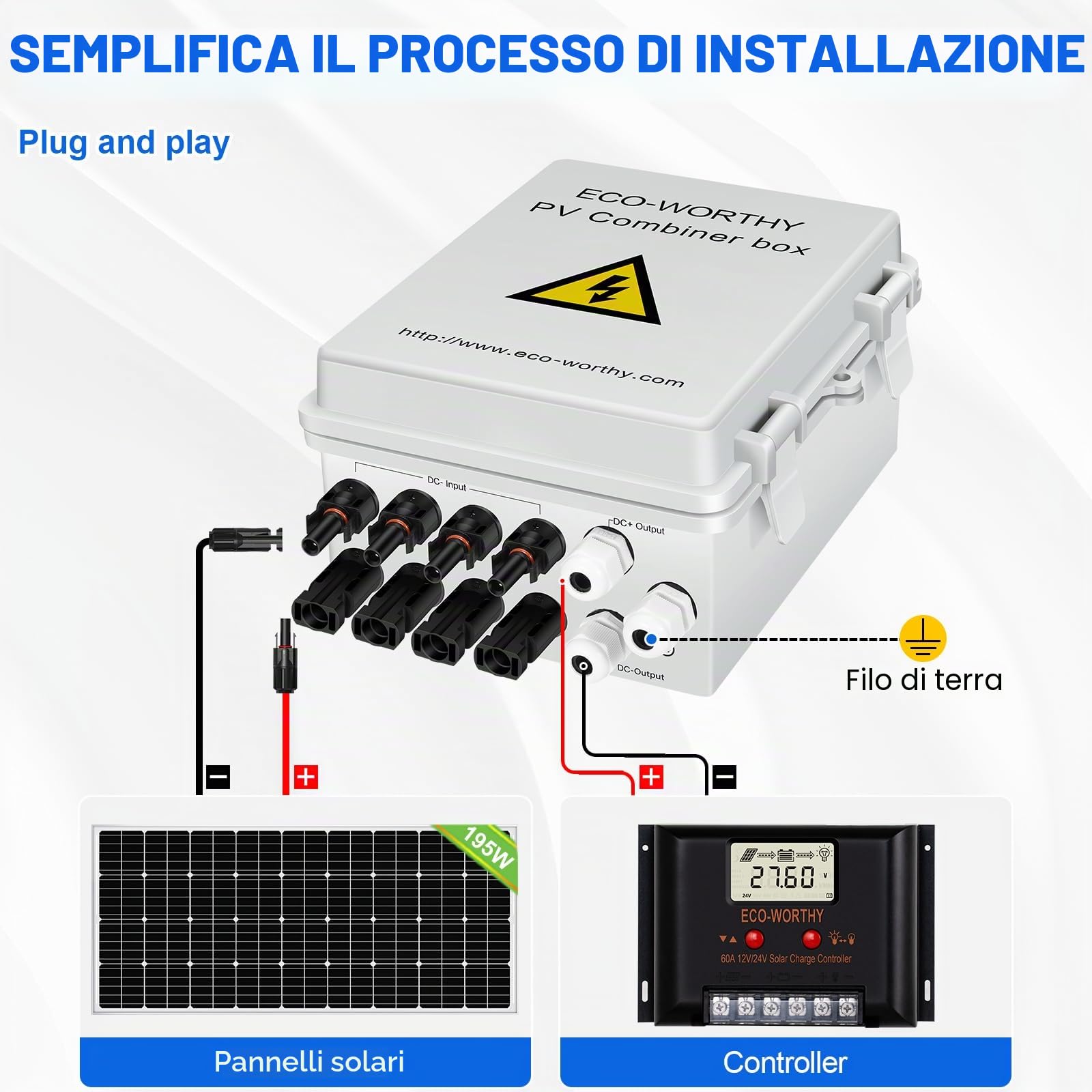 ECO-WORTHY 4 Stringhe PV Combiner Box 10A Interruttore con Coperchio in Plastica ABS Scatola Elettrica - Impermeabile Protezione Sicura Generatore Fotovaltaico per Pannelli Solari Kit Sistema