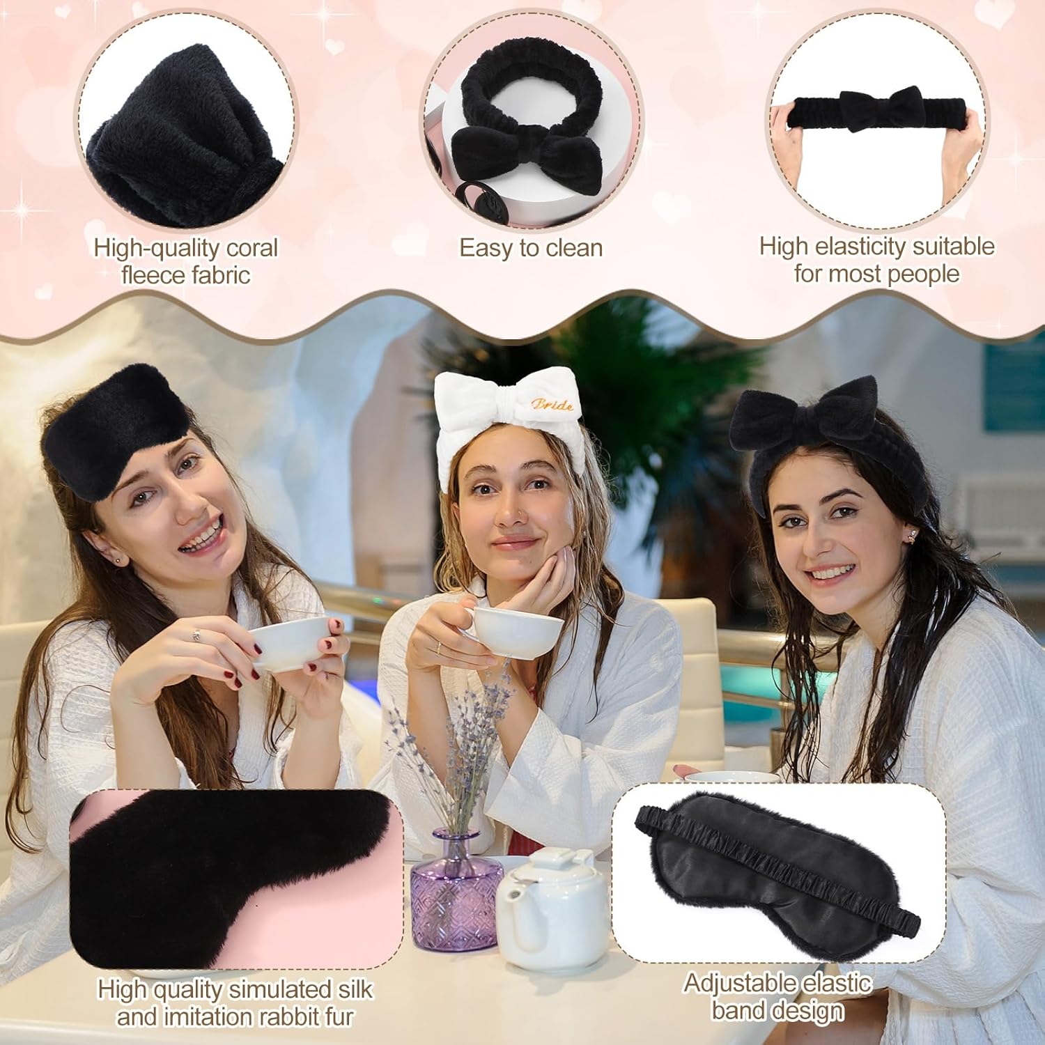 Suncalla 40 Pcs Spa Sleepover Party Supplies Include Sleep Eye Mask Headband Hair Clip Mirror Comb Makeup Bag for Girls Women Slumber Bachelorette Birthday Party Favors(White, Black)