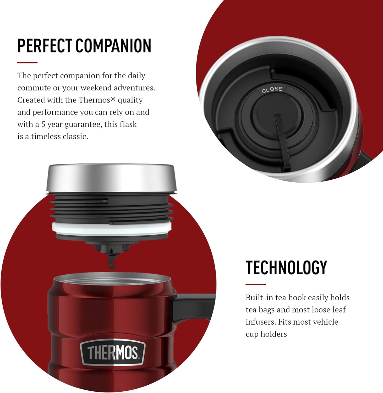 Thermos Stainless King Red Travel Mug (470ml), Reusable Insulated Stainless Steel Coffee Cup for Hot or Cold Drinks, Vacuum Sealed Water Flask with a Leak-Proof Lid, 7hr Hot/18hr