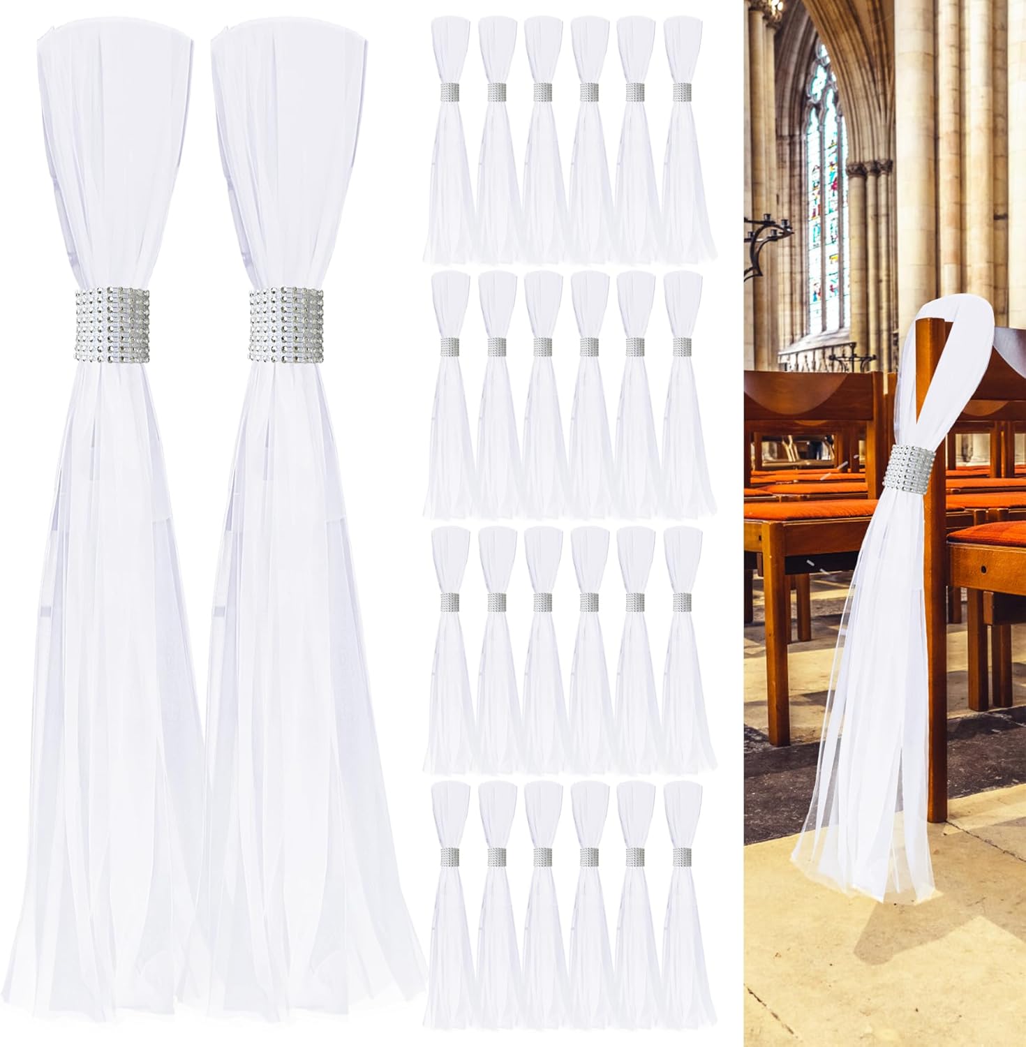 26 Sets Large White Pew Bows Tulle Wedding Aisle Chair Decorations, Extended Church Pew Decor Aisle Flowers Runner for Weddings Ceremony Outside Decorations(Silver)
