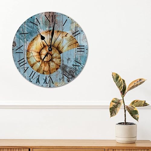 Miniatura 46 de ArogGeld Reloj de pared de PVC de mediados de siglo, concha, números de playa, estilo océano con números romanos de 10 pulgadas, funciona