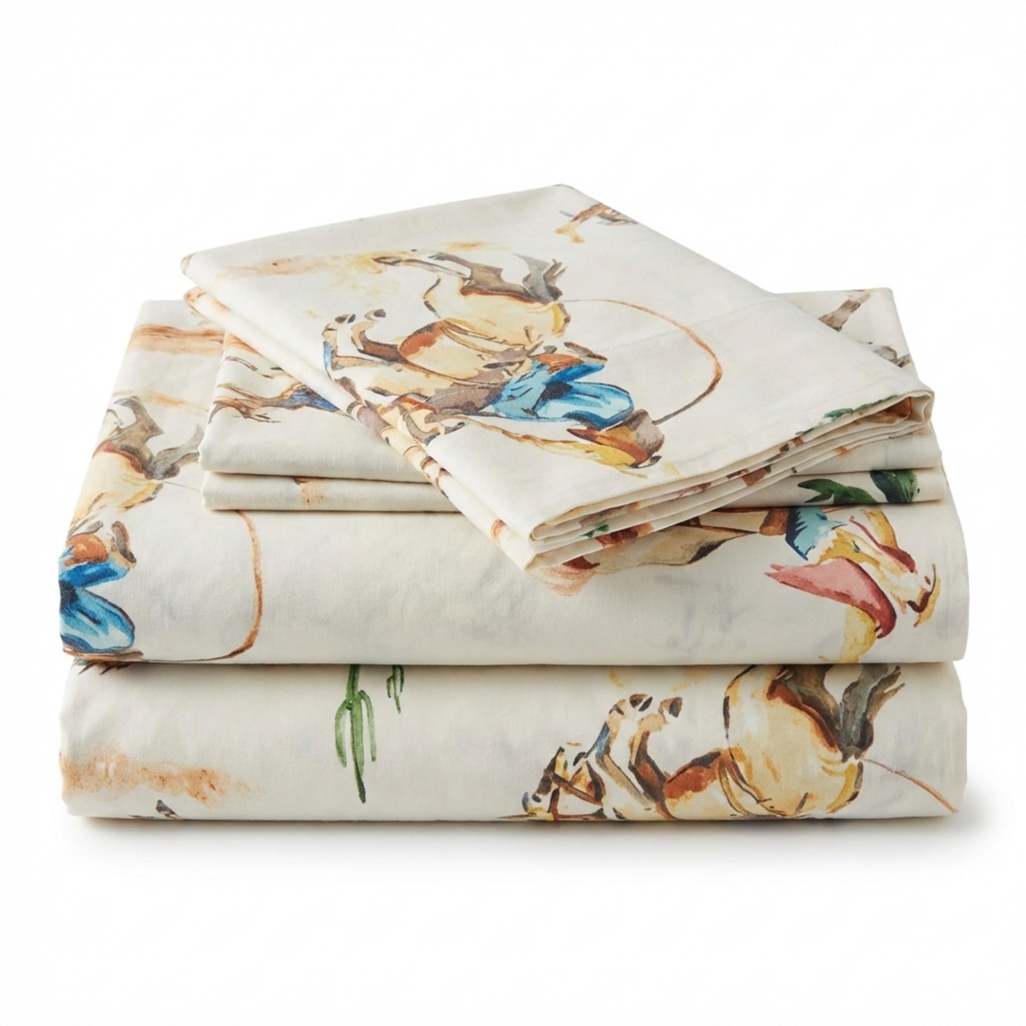 Rod's True Western Bronco Twin Sheet Set, 3 Piece Cotton Western Bedding, Rust Tan Blue Green, Deep Pocket