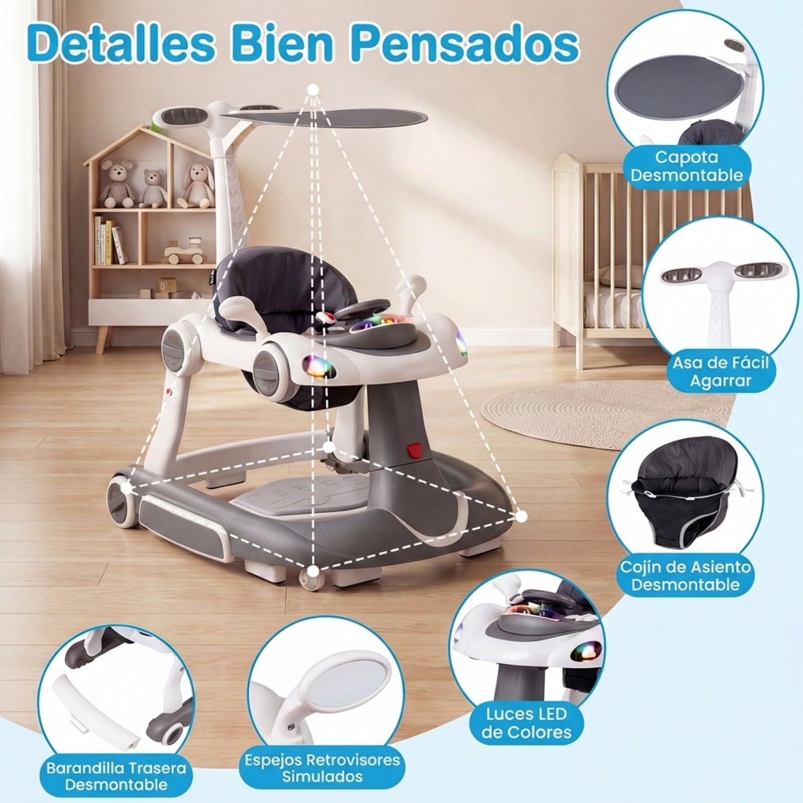 COSTWAY 7 en 1 Andador Bebes con Capota, Tacata Bebe Plegable con Altura y Velocidad Regulables con Modo Mecedora, Música, Luces y Diseño Antivuelco,Caminador para Bebe de 7-18 Meses (Gris y Blanco) — view 8
