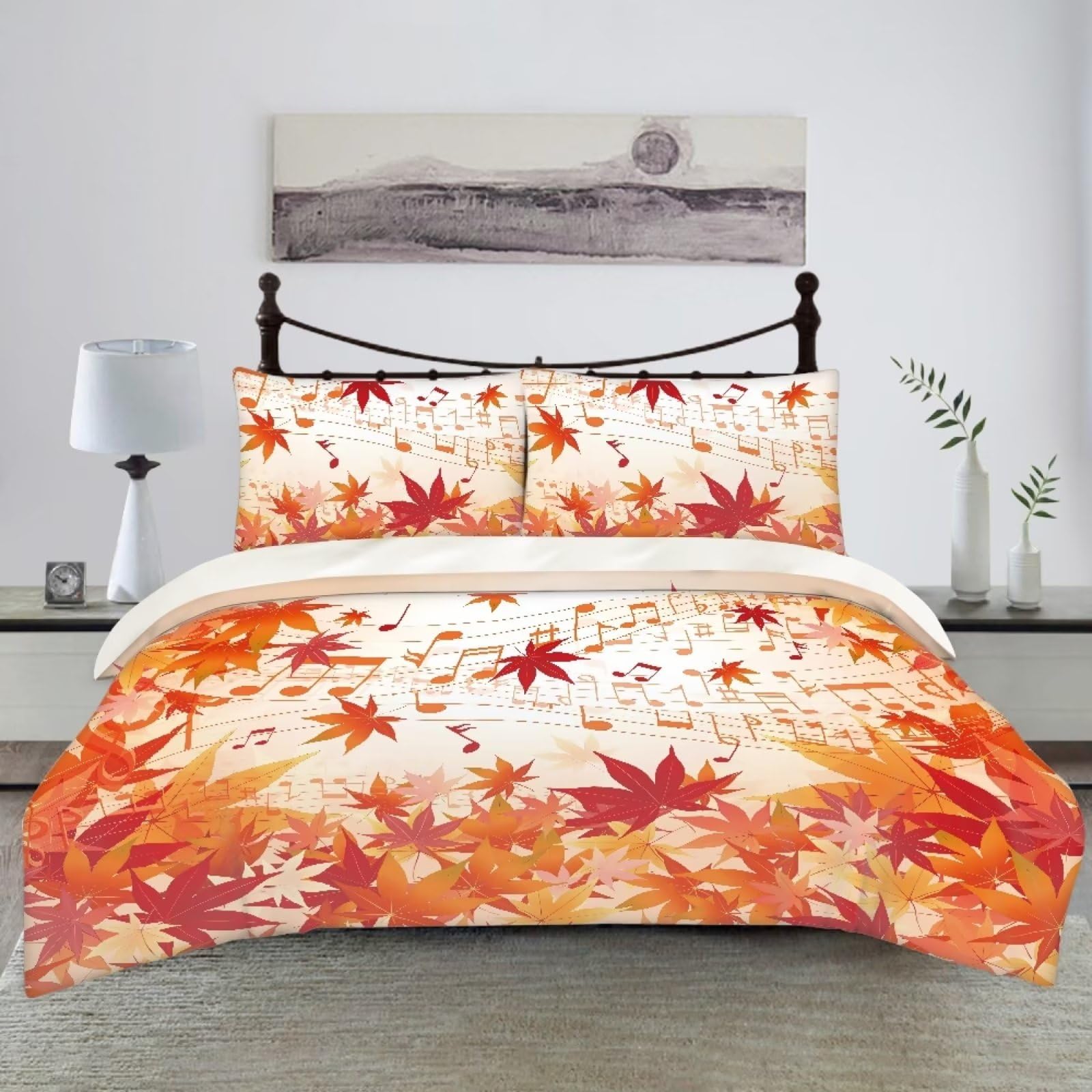 BIGCARJOB Thanksgiving Day Duvet Cover Set Queen Size,Fall Maple Leaf Autumn Bedding Set,Kids Boys Girls Adults Cabin Decor Comforter Cover,Orange Quilt Cover,2 Pillowcases