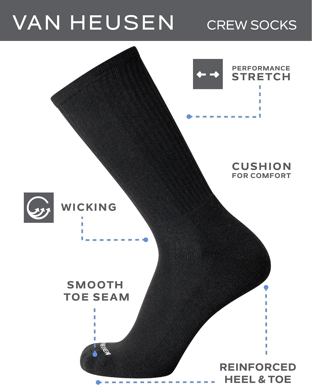 Van Heusen Men's 10 Pack Cushioned Athletic Performance Crew Running Socks | Moisture-Wicking, Breathable Stretch Fabric with Arch Support and Reinforced Heels, Great from Workout to Office