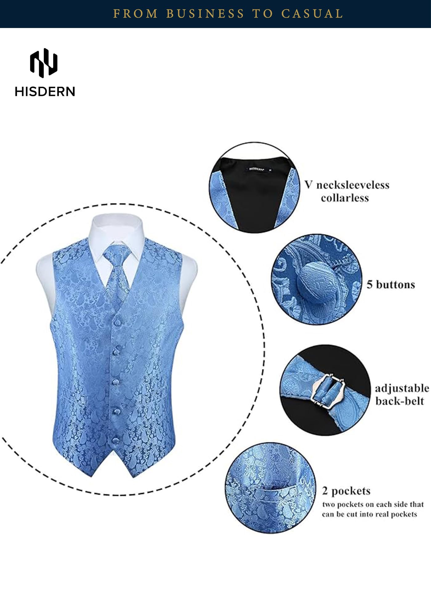 Hisdern Męska kamizelka typu paisley, kwiecista, żakardowa, z krawatem, z kwadratową poszetką do kieszeni, kamizelka garniturowa, zestaw