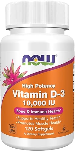 NOW Suplementos vitamina D-3 10000 UI mayor potencia soporte estructural 120 cápsulas blandas