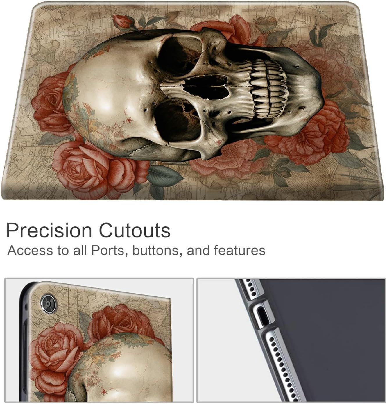 Case for 10.1" Amazon Fire HD 10 Tablet (13th Generation, 2023 Release),Shockproof Fold Stand Protive Cover with Auto Wake/Sleep,Skull Roses