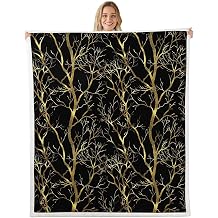 Feelyou Metallic Branch Fleece Throw Blanket Black Gold Tree Branches for Adult Boys Girls Plush Blanket Flowers Print Blanket Glitter Gold Foil Fuzzy Blanket for Sofa Bed Couch,Twin 60x80 Inches