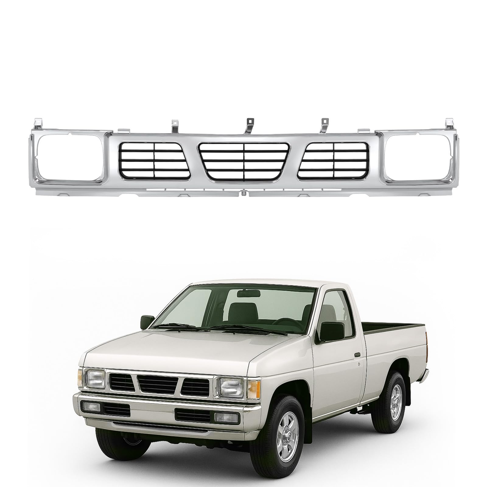 Photo 1 of JMTAAT Front Grille Compatible with 1994 Nissan D21 XE 1993 1994 Nissan D21 Base SE 1995-1997 Nissan Pickup Base SE XE Replacement for 6231055G10 NI1200116 Chrome Bumper Grill Plastic(ABS) Silvery
