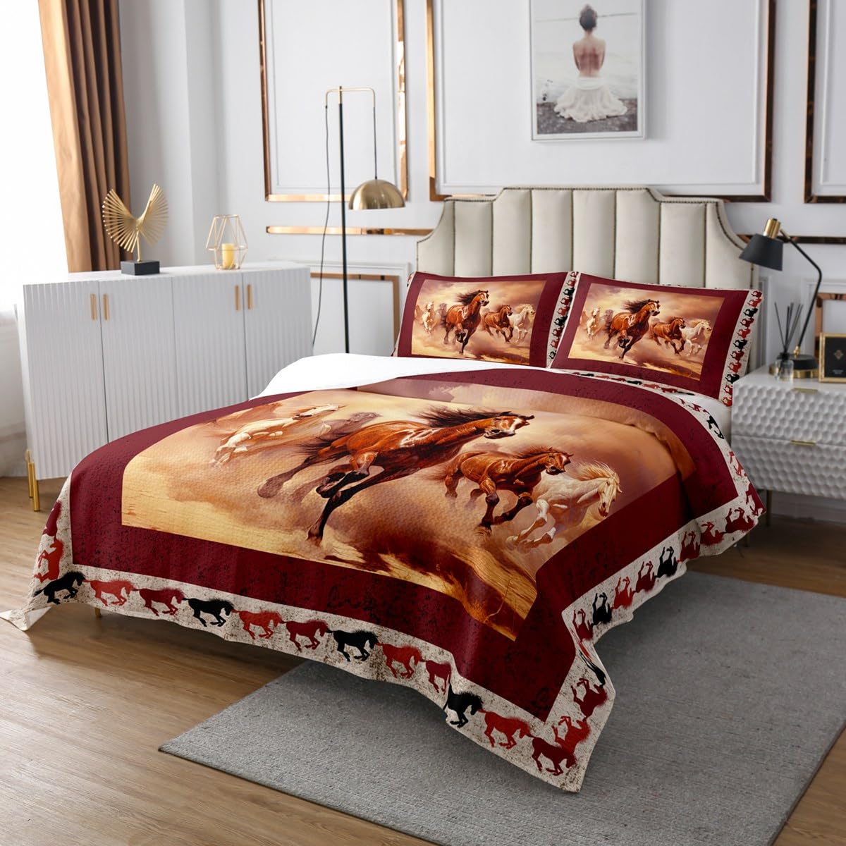 Manfei Galloping Horse Bedspread Queen Size, Animal Theme Quilted Coverlet with 2 Pillowcases, Rustic Farmhouse Burgundy Coverlet Set 3pcs for Kids Boys Room Decor, Soft Polyester Bedding Quilt