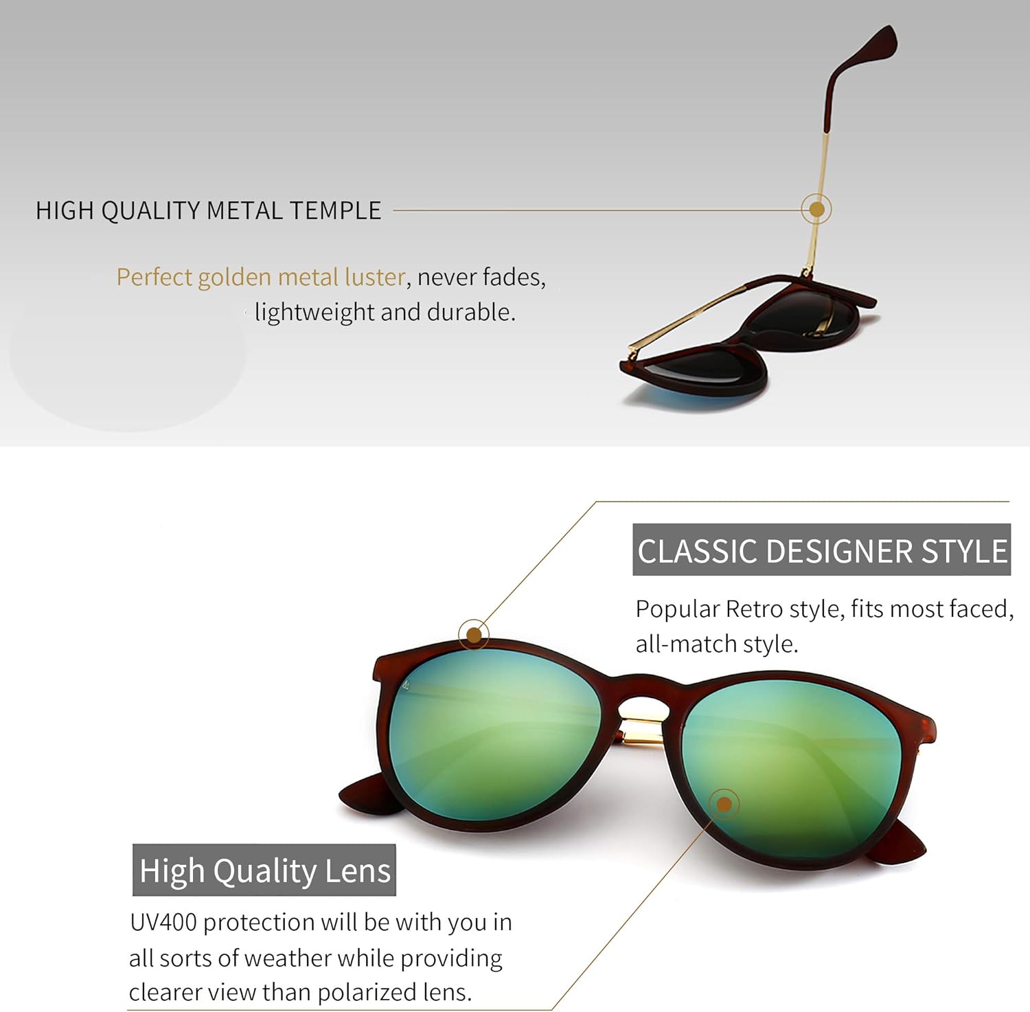 SUNGAIT Vintage Round Sunglasses for Women Classic Retro Designer Style (Brown Frame(Matte Finish)/Yellow-Green Lens) 1567 CKHL