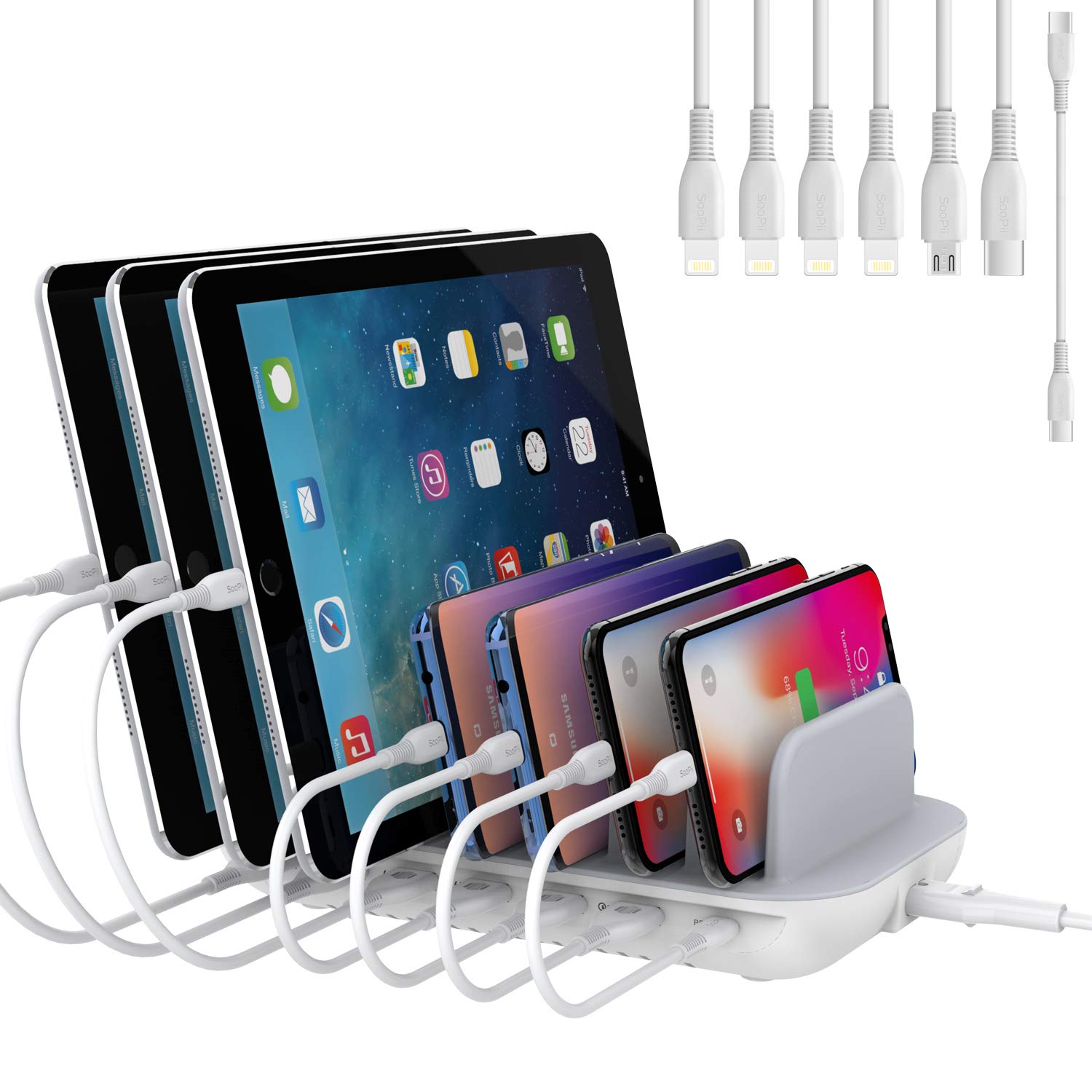 SooPii 70W 7 Port Charging Station for Multiple Devices,Charger Station with One 30W Power Delivery Port for Laptops,and 6 USB Ports for Smart Phones,Tablets,Other Electronics, White