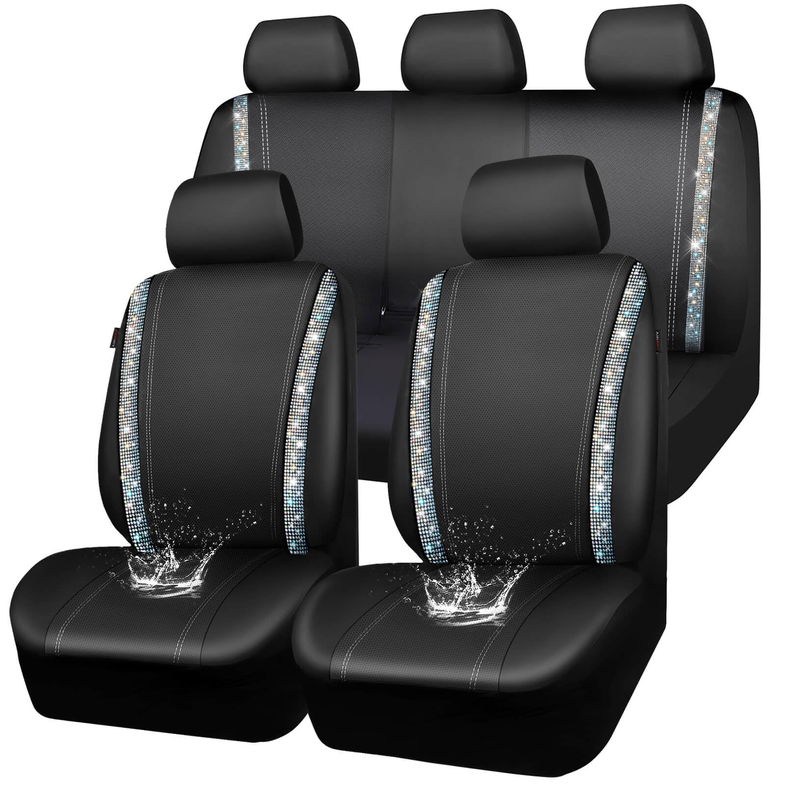CAR PASS Bling Diamond Car Seat Cover Full Set, Shining Rhinestone Waterproof Leather, Rear with Zipper, Universal Fit 95% Automotive Glitter Sparkle Crystal for Cute Women Girl, Colorful Diamond